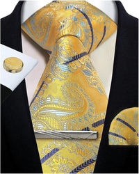 Mens Tie Set Silk Silver Paisley Floral Necktie and Pocket Square Cufflinks Tie Clip Classic Formal Ties for Men Wedding Party