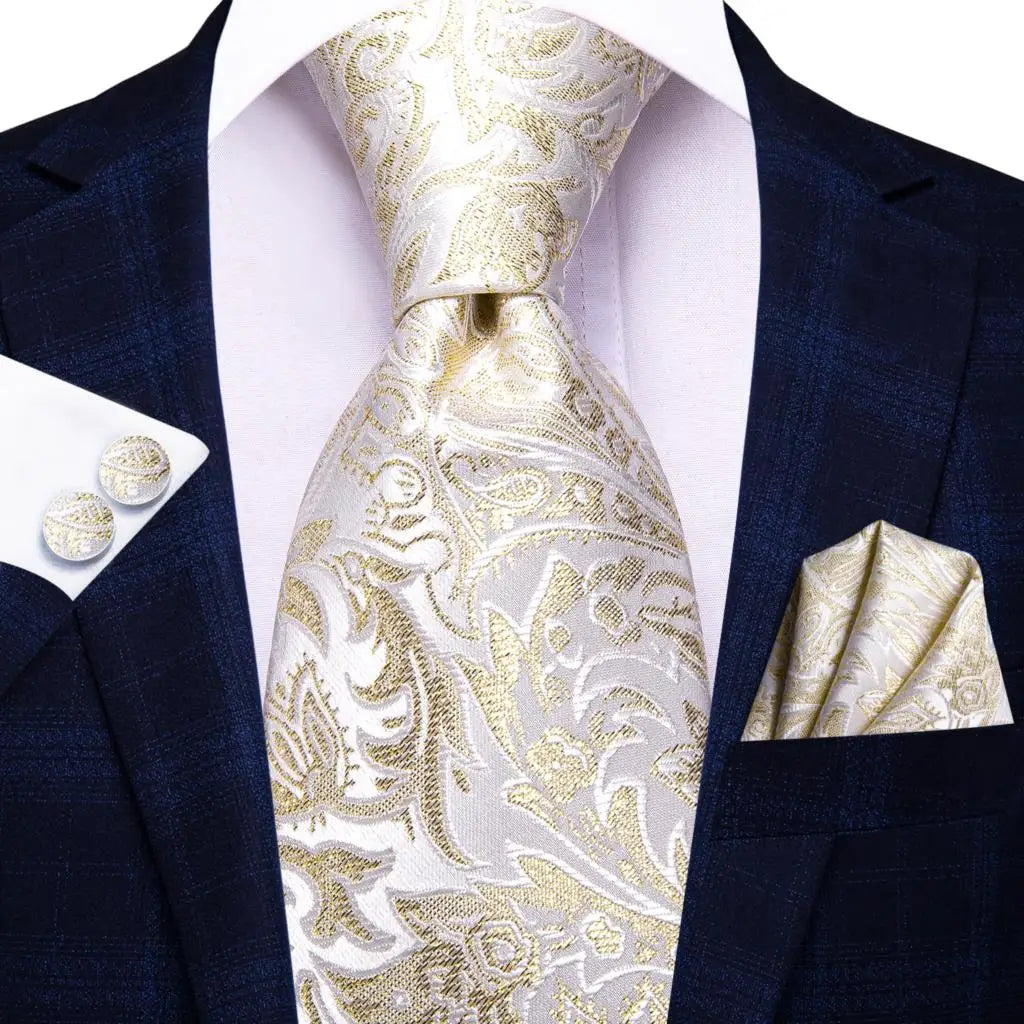 Hi-Tie Champagne Floral Paisley Silk Elegant Tie For Men Groom Wedding Men Necktie Pocket Square Cufflink Accessory Wholesale