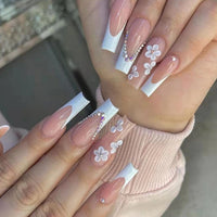 24pcs False Nails with glue flower design Long Coffin French Ballerina Fake Nails Full Cover acrylic Nail