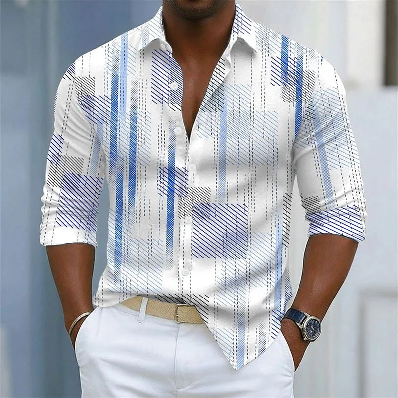 Men's shirt with simple geometric lines printed in contrasting colors, loose long sleeved top, daily casual versatile shirt