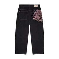 Hip Hop Cherry Blossom Embroidered Jeans Vintage Low Waist Wide Leg Trousers Y2K Clothes Mens Womes Embroidered Baggy Jeans