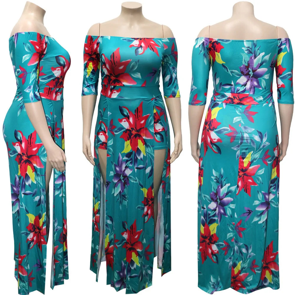 Plus Size XL-5XL Summer Long Maxi Dress Women Short Sleeve Floral Print Night Club Party Bandage Street Dresses Vestidos GL5005