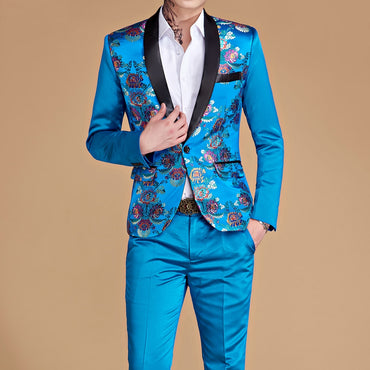 2022 Fashion New Men's Blue Stage Banquet Solid Color Suit Coat / Male Slim Wedding 2 Pieces