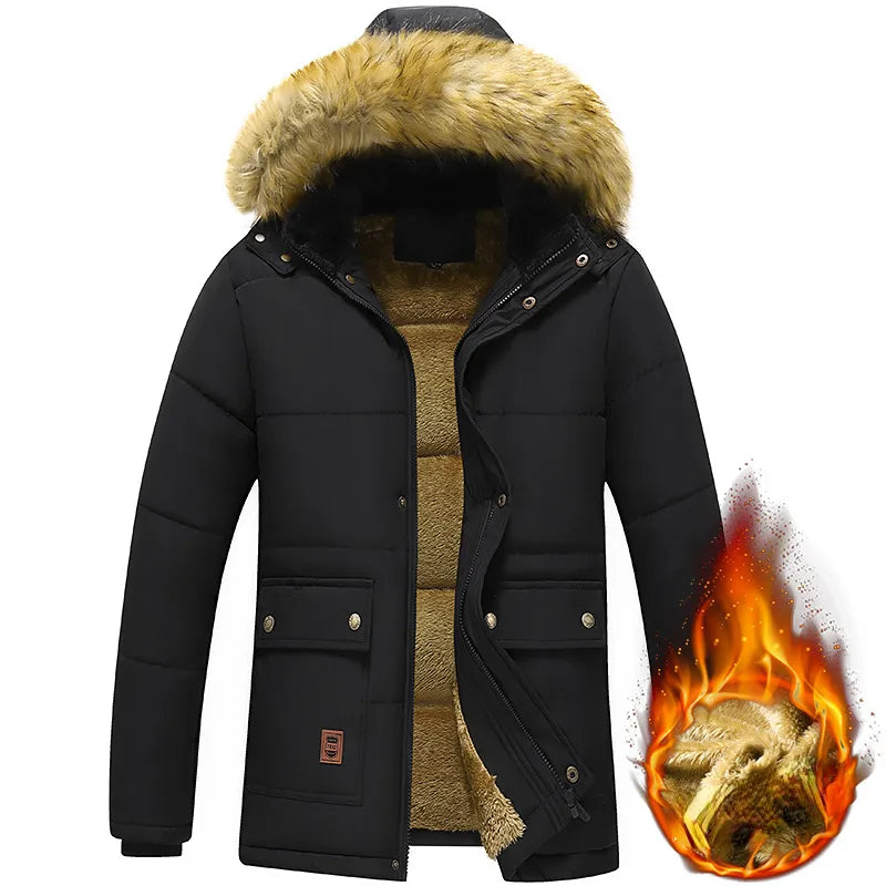 2023 New Men Winter Parka Fleece Lined Thick Warm Hooded Fur Collar Coat Male Size 5XL Plush Jacket Autumn Work Outwearing Black