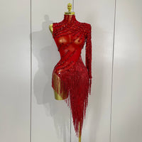 STOCK Sparkly Rhinestones Tassel Sexy See-Through Dress Women One Shoulder Latin Dance Outfits Bar Nightclub Party Stage Costume