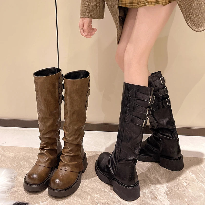High Boots Autumn New Round Toe Sleeve Anti-Slip Wear-Resistant Metal Buckle Platform Anti-Slip Single Boots