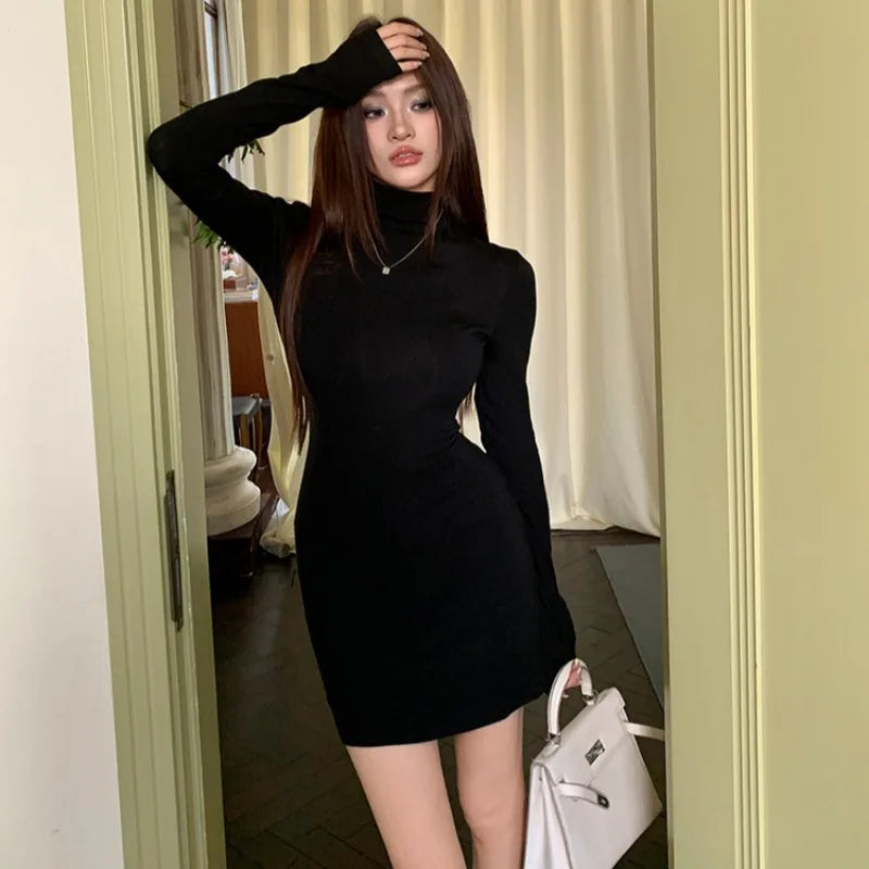 Dresses Women Turtleneck Long Sleeve Korean Fashion Solid Simple Slimming Inner Basic All-match Streetwear Sexy Spicy Ladies Ins