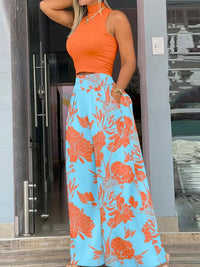 2026 Summer Fashion Printing Two Piece Set Women Casual Solid Sleeveless Tank Top Wide Leg Pants Two Piece Set Women