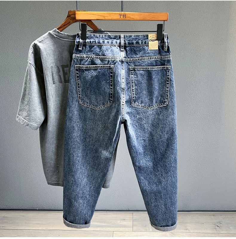 Men's Jeans Streetwear Fashion Tapered Pants Blue Casual Personality Vintage Male Clothing Slim Denim Trousers Brands
