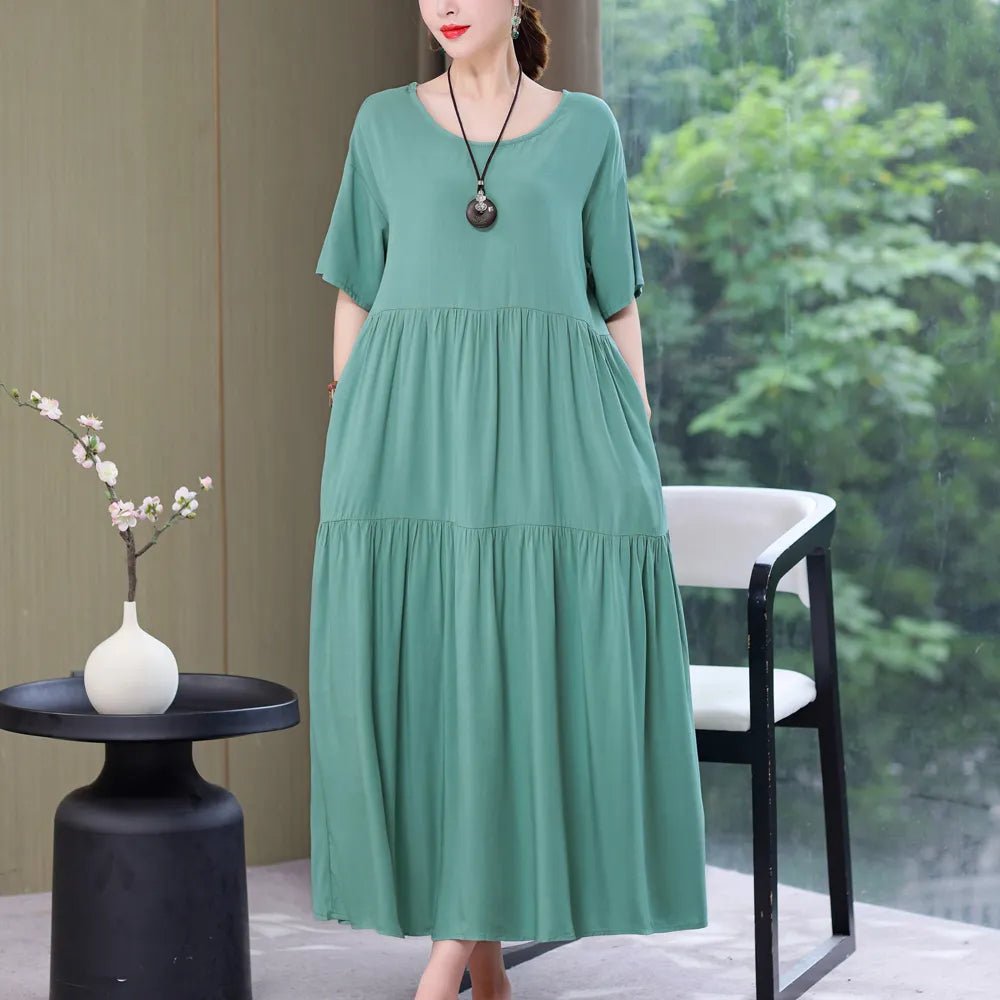 New Fashion 2023 Causal Summer Dresses For Women Loose Solid Long O-neck Dress Vintage Short Sleeve Womens Clothing