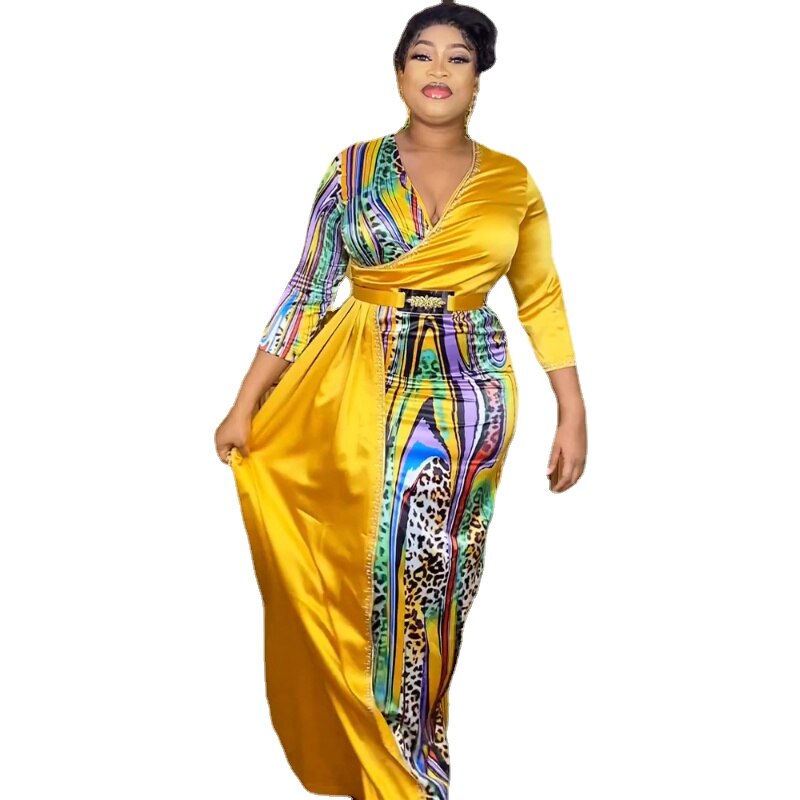 African Print Dresses for Women Summer Fashion African V- Neck Long Sleeve Polyester Black Green Yellow Long Dress Maxi Dress