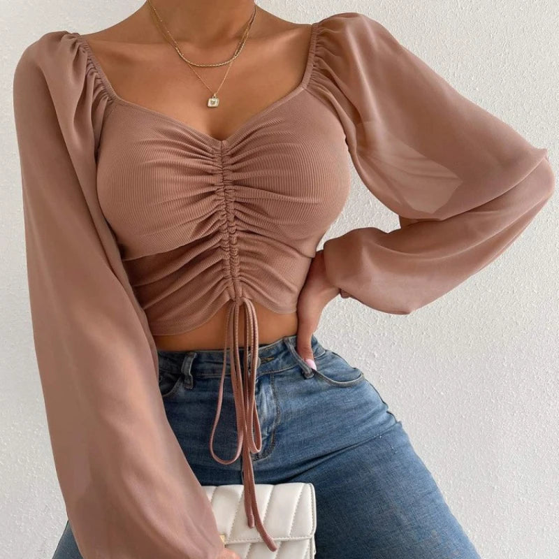 Sexy Mesh Lantern Sleeves Drawstring Wrap Chest Bare Midriff T Shirt Women Long Sleeves Bottoming Shirt Ladies Tee Shirt Tops