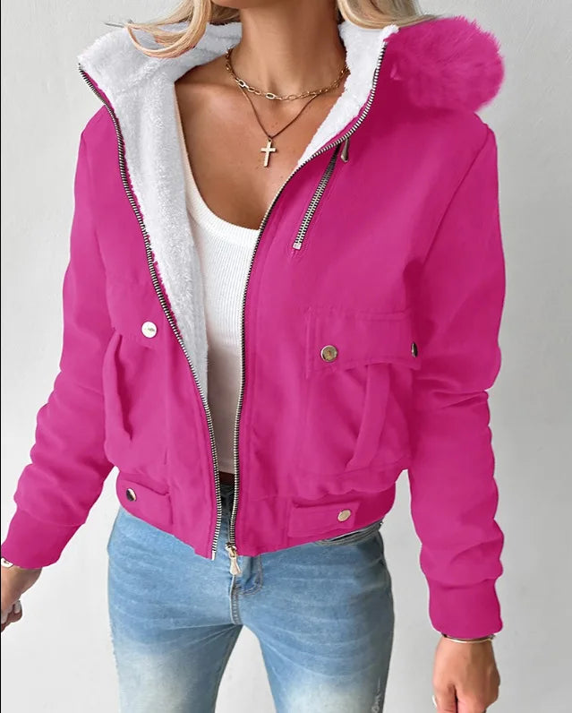 Large Fur Collar Hooded Zipper Sweatshirt Women's Jacket Winter Vintage Casual Hoodies Short Coat for Female Outfits Streetwear