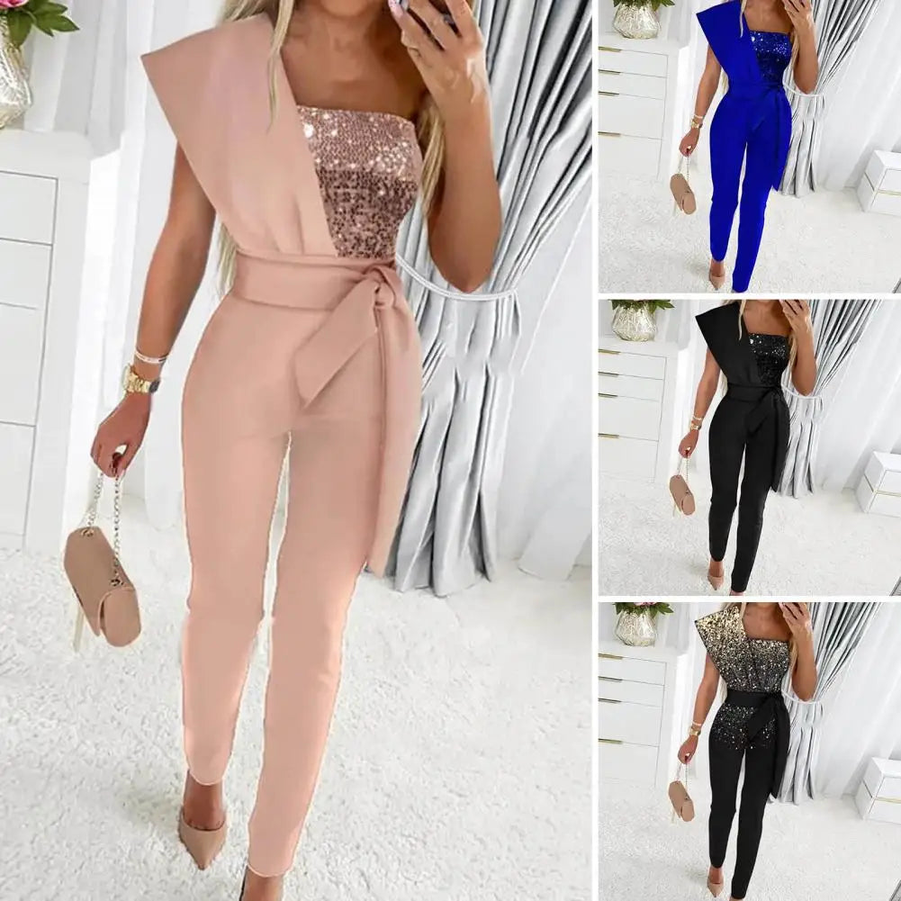 Popular Sexy Romper Elastic Women Jumpsuit Bandage Sexy One Shoulder Straight Romper  Dressing Up