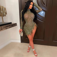 Sexy Glitter Dress Women Rhinestone Hot Drilling Long Sleeve Dress Mesh See Through Tassels Bodycon Party Club Night Mini Dress