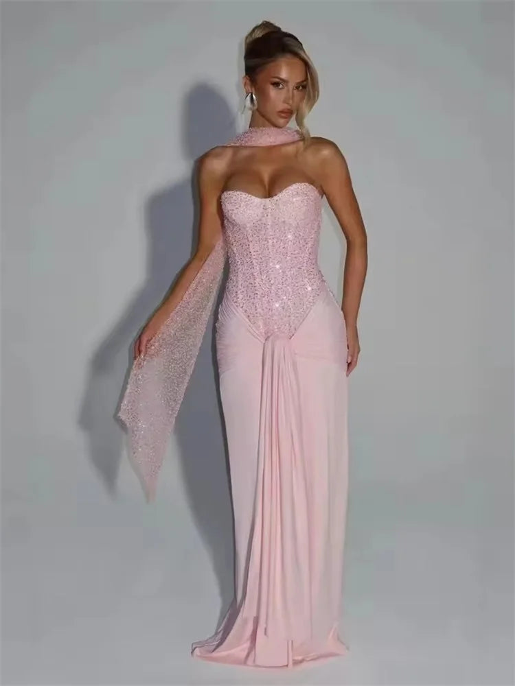 COOBBU Sexy Sequin Patchwork Strapless Maxi Dress Women 2026 Sleeveless Off-shoulder Cinched-waist Pleated Dresses Lady Evening