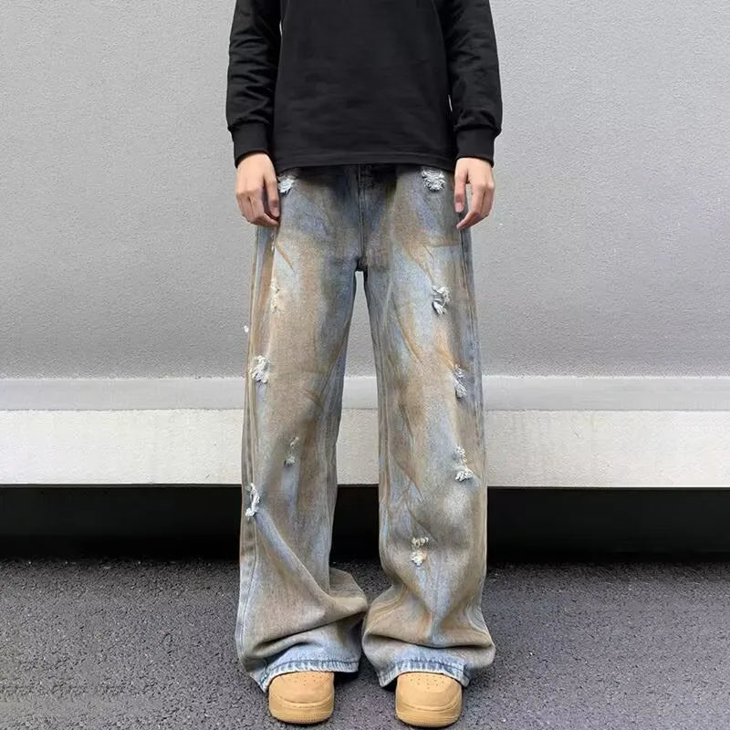 Japanese Straight Leg Jeans For Men Loose Wide Leg Pants Fashion Casual Ripped Jeans Vintage Y2k Jeans