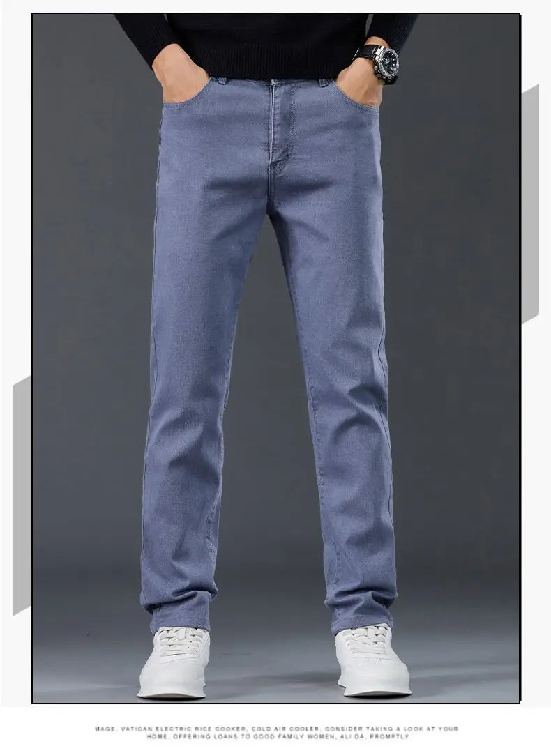 Male Brand Jeans Clothing Light Luxury Stretch Looes Fit Pants Comfortable Soft Business Fashion Straight Casual Denim Trousers