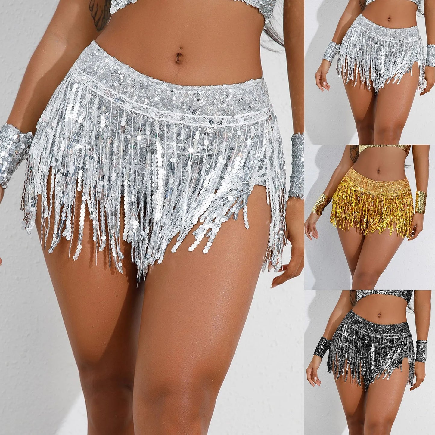 Women Sexy Sequins Tassel Skirts Shorts Shiny Elastic Waist Booty Shorts Party Dance Raves Festival Bottoms Dancer Costume Wraps