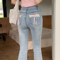 Womens Jeans Lace Denim Pants for Women High Waist Shot Bow Tie Stylish Loosefit Trousers Office Medium Wash 2025 Quality Cool Z