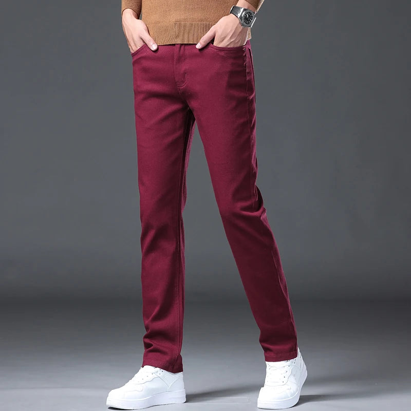 Wine Red Jeans Men Fashion Casual Classic Style Business Straight Slim Fit Trousers Male Advanced Pants 6 Colors Plus Size 28-44