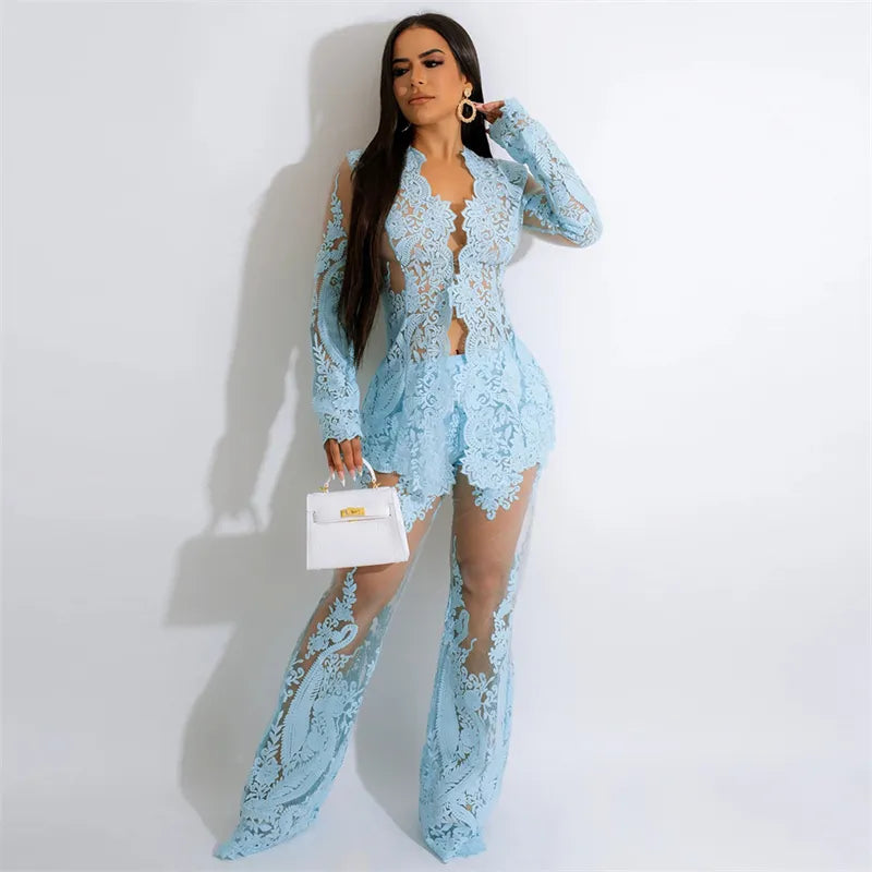 Lace Embroidery Two Piece Set Women Elegant Sexy Long Sleeve Cardigan Jackets See Through Wide Leg Pants Designer Party Suits