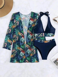 High Waist Multicolor Printed Long Sleeve Coverup Three Piece Bikini Split 2023 New Women Swimwear Female Bathing Suit Beachwear