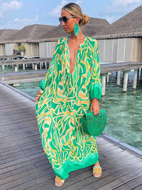 Women Boho Print Beach Cover Up 2023 Summer Sexy Deep V-Neck Long Sleeve Long Dresses Female Vintage Maxi Dresses Elegant Robe