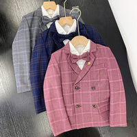 Flower Boys Formal Dress Suit Set Autumn Children Plaid Double Breasted Blazer Pants 2Pcs Clothes Set Kids Wedding Party Costume