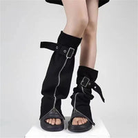 Women Jeans Black Leg Warmers with Buckled Straps Punk Denims Flared Boot Cover Slit Zippers Baggy Long Socks Streetwear