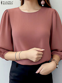 ZANZEA Women Crinkled Texture Puff Sleeve Blouse, Elegant O Neck 3/4 Sleeve Blusas Mujer, Summer Fashion Solid Color Casual Tops