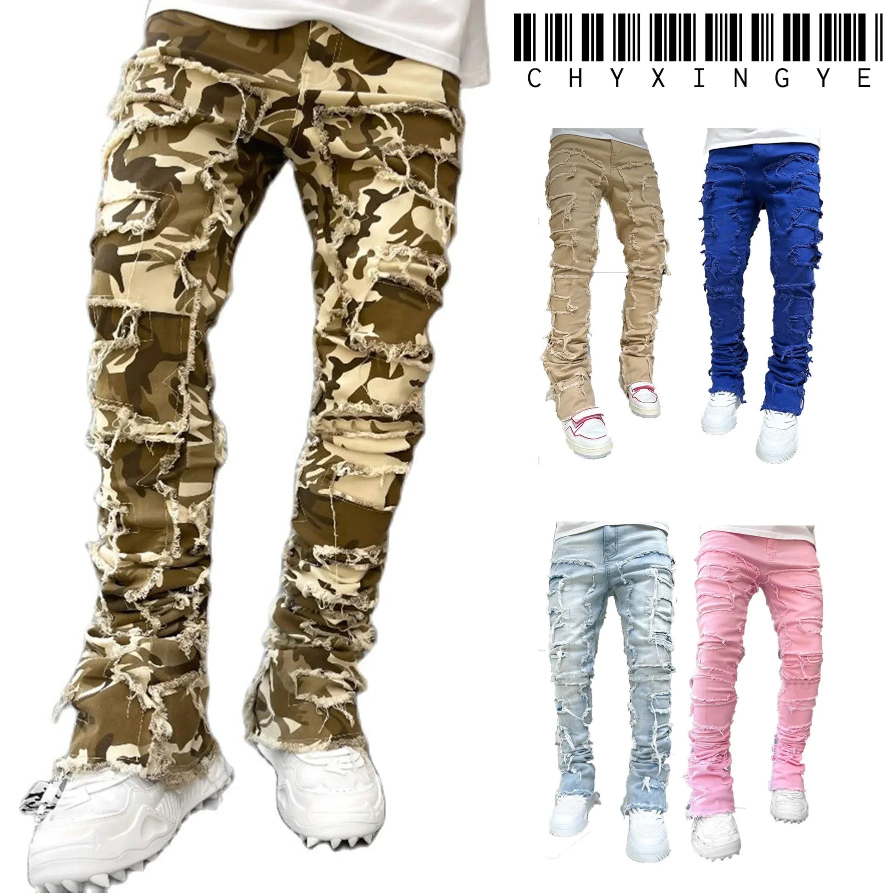 2025 Men Ripped Stacked Jeans Distressed Slim Fit Skinny Straight Leg Jeans Fashion Hip Hop Denim Pants Casual Streetwear