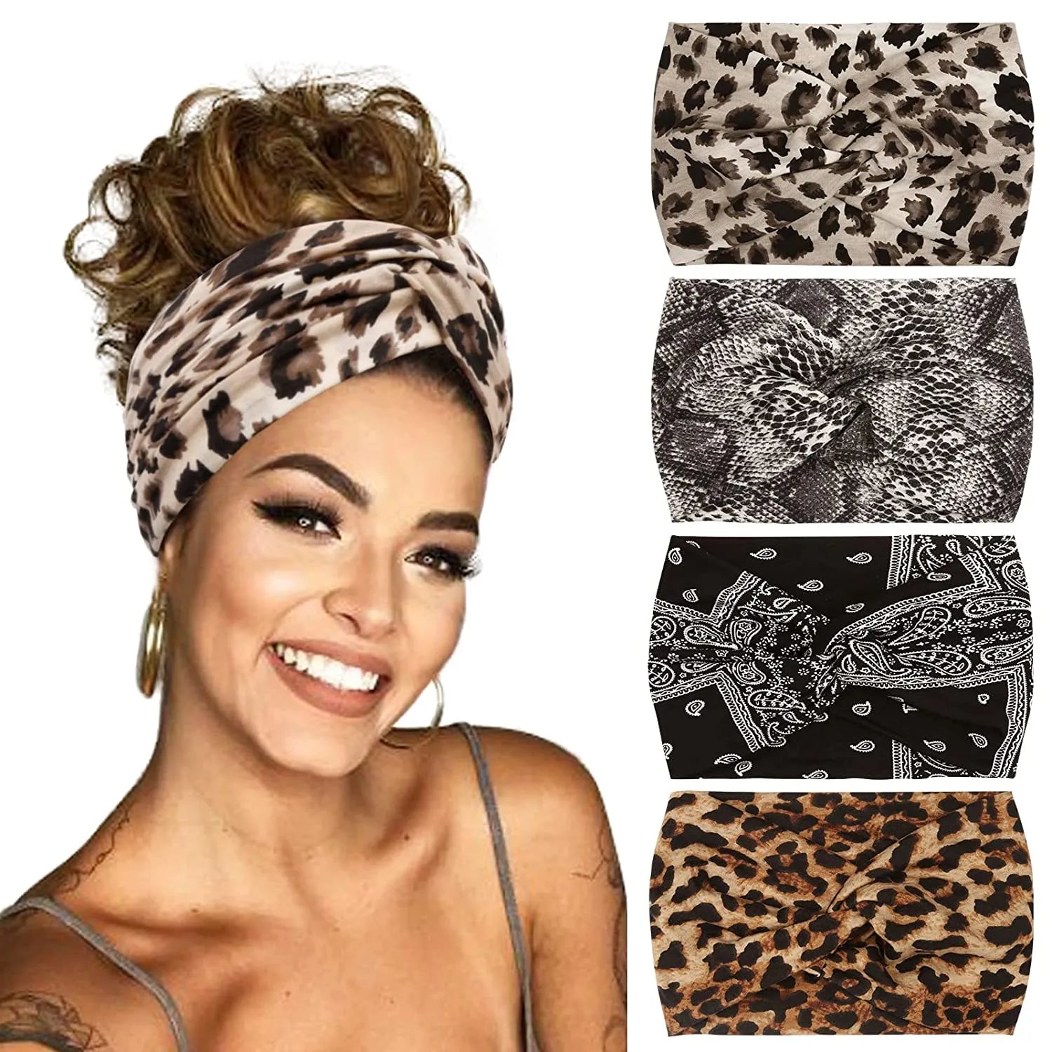Yoga Headbands For Women's Hair Wide Thick Stretchy Boho African Turban Knotted Leopard Head Bands