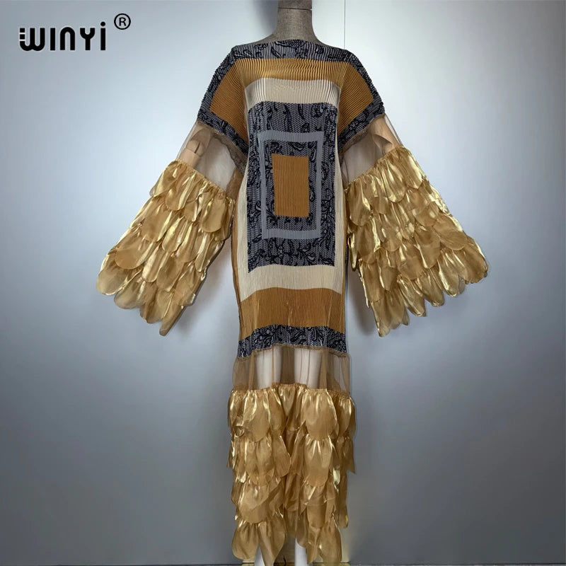 WINYI Pleated Elastic loose dress beach cover up kaftan abaya dubai luxury party dress fashion evening dress abaya muslim woman