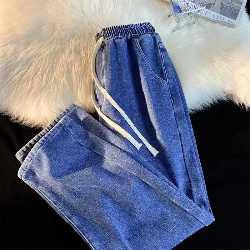 Blue Washed Denim Jeans for Men Straight Loose Fit Wide Leg American Style High Street Casual Pants Trendy Simple