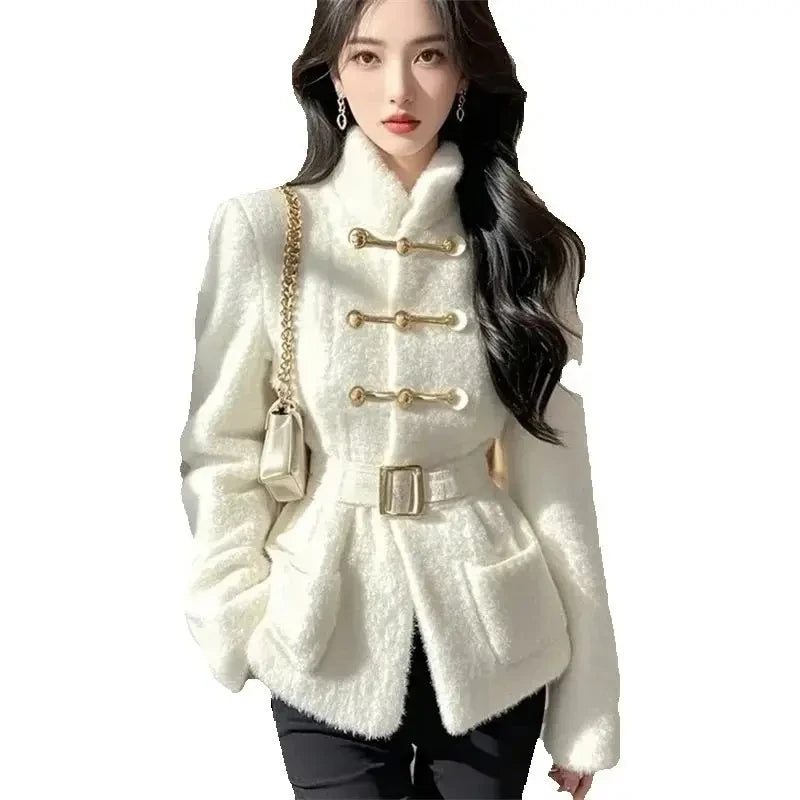 Winter Coat Women White Fashion Waistband Pocket Jacket Lambswool Coats Outwear 2025 Female Sense Design Keep Warm Overcoat