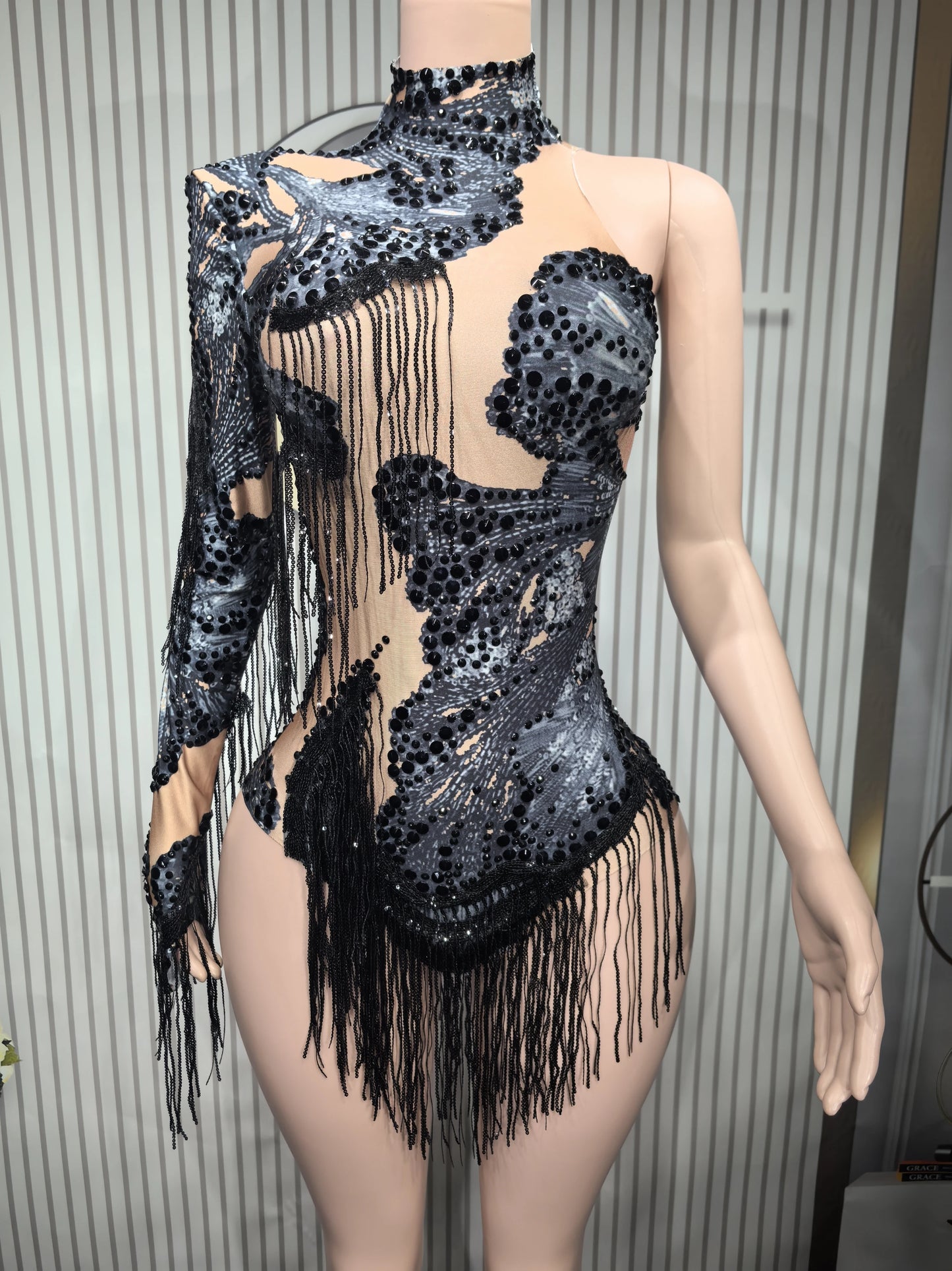 Gold Silver Sequins Tassel Elastic Bodysuit Sex)Pole Latin Dance Stage Wear Nightclub  DJSinger Dancer Performance Costume  Q025