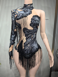 Gold Silver Sequins Tassel Elastic Bodysuit Sex)Pole Latin Dance Stage Wear Nightclub  DJSinger Dancer Performance Costume  Q025