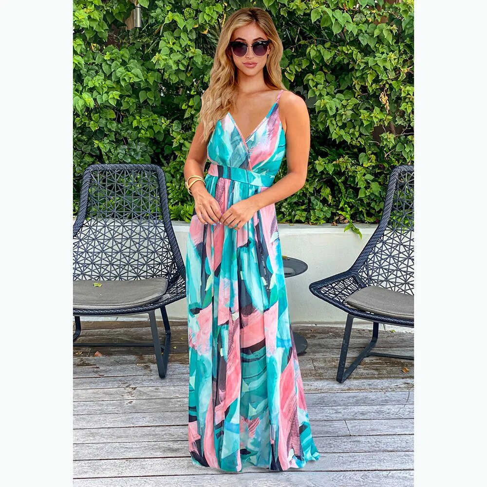 New 2023 Summer Women Casual Tropical Boho Floral Print Evening Party Beach Long Maxi Straps Dresses Sexy Backless Sundress