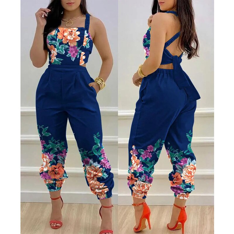 Sexy 2022 Women Chic Casual Jumpsuits One Piece Plants Print Criss Cross Tied Backless