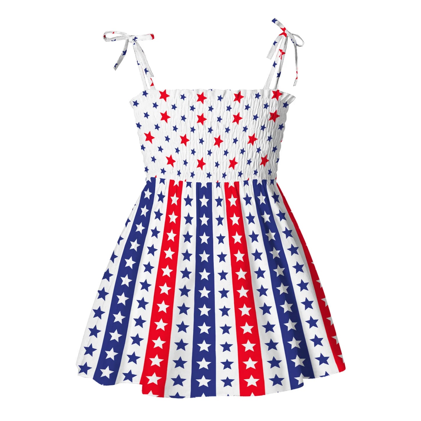 Charm Dress Girls Summer Dress American   Independence Day Print Tie-up Smocked Dress American Flag  For Girls Children Costumes