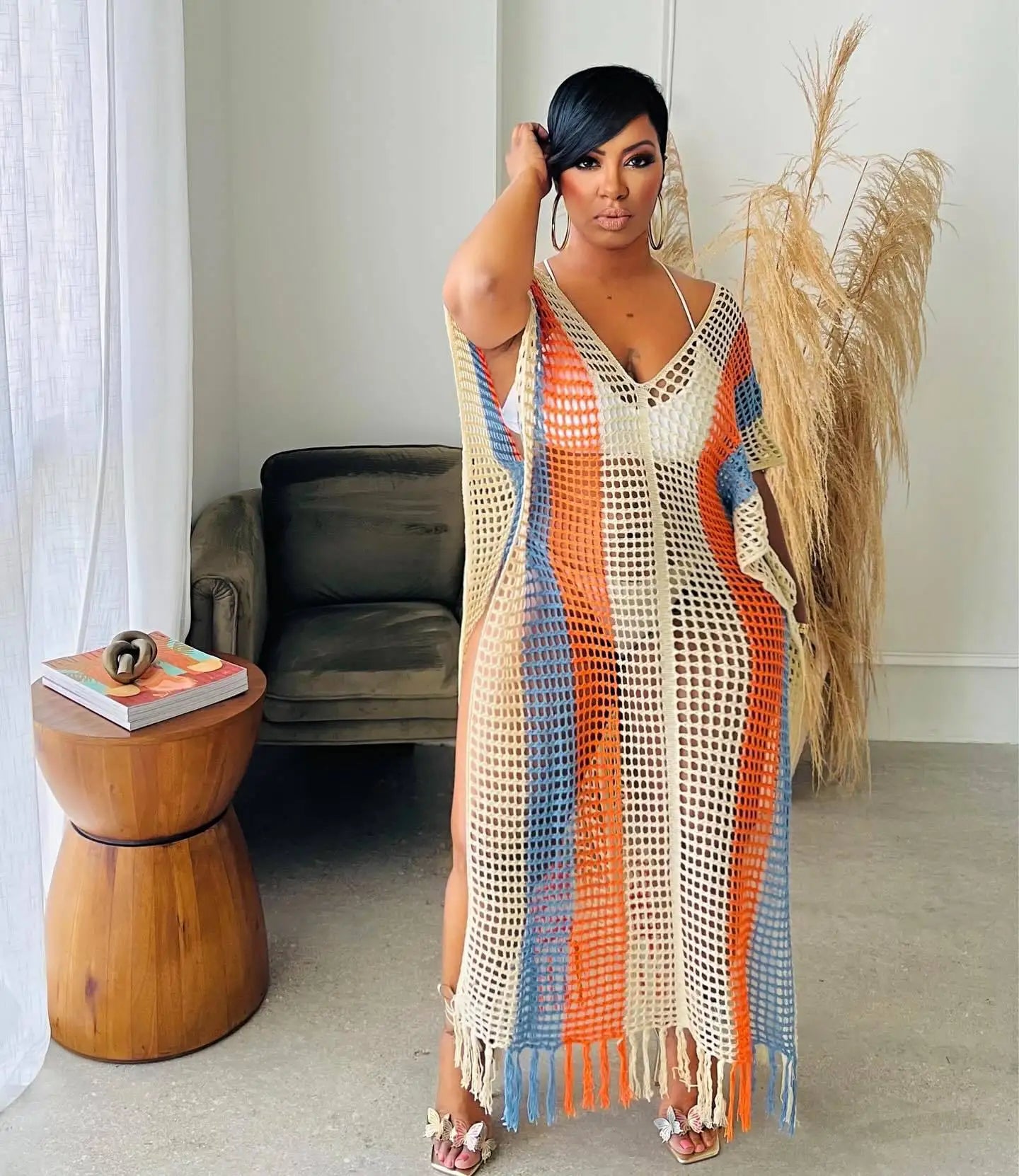 CM.YAYA Vintage Women Striped Crochet Knit Hollow Out V-neck Batwing Sleeve Maxi Long Slim Dress 2023 Sexy Party Evening Dresses