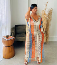 CM.YAYA Vintage Women Striped Crochet Knit Hollow Out V-neck Batwing Sleeve Maxi Long Slim Dress 2023 Sexy Party Evening Dresses