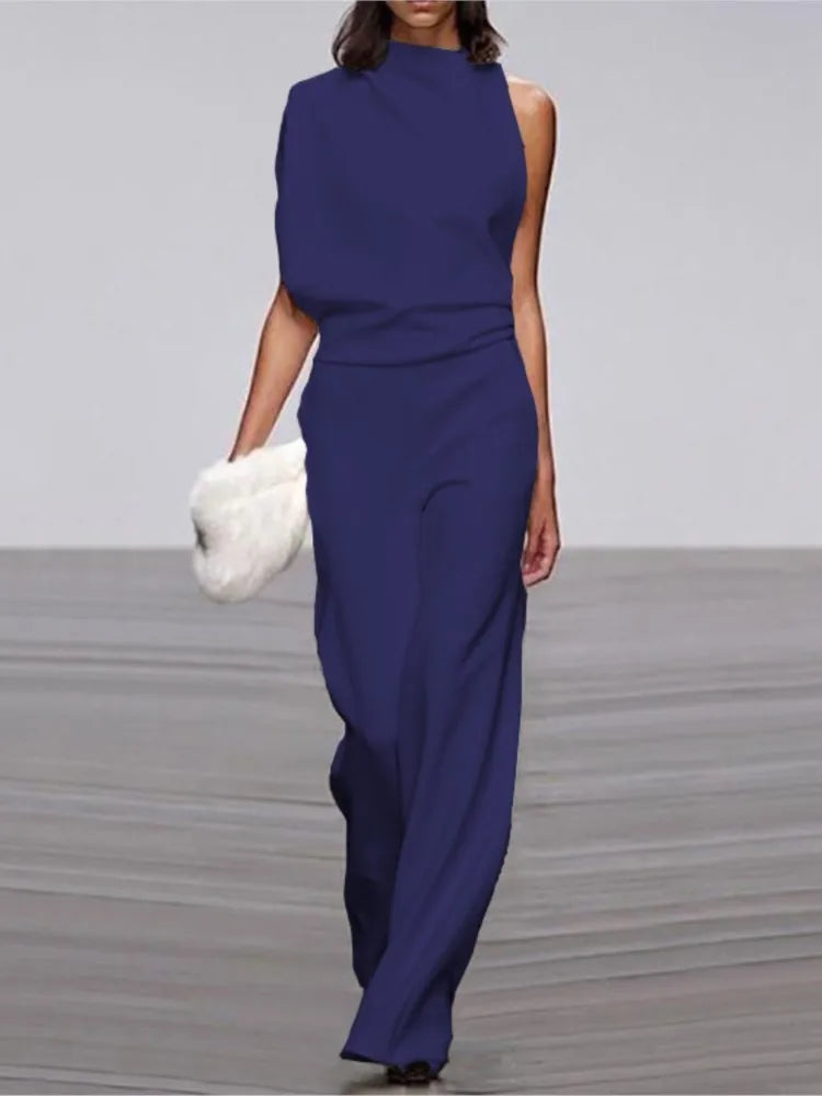 Spring And Summer Simple Solid Color Fashion One-shoulder Pile Collar Jumpsuit British Style Mid-waist Pleated Hollow Jumpsuit