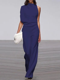 Spring And Summer Simple Solid Color Fashion One-shoulder Pile Collar Jumpsuit British Style Mid-waist Pleated Hollow Jumpsuit