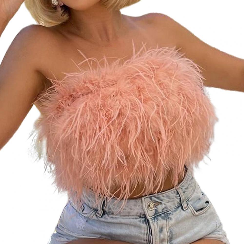 Sexy Feather Strapless Tank Tops Women Summer Party Club Sleevelss Fluffy Fashion Tops Female 2022