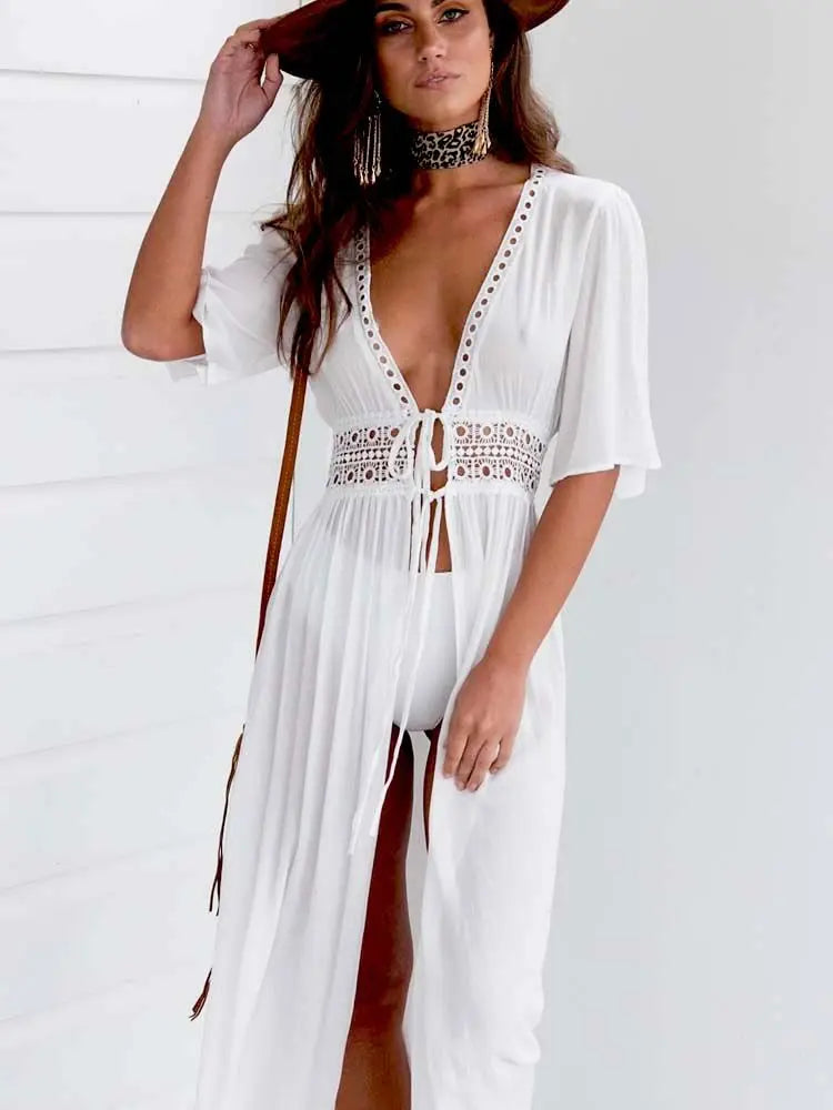 2022 Summer Bikini Cover-ups Women Beach Maxi Dress Short Sleeve Lace Hollow Out Swimwear Cover Ups Bohemian Dress Beachwear