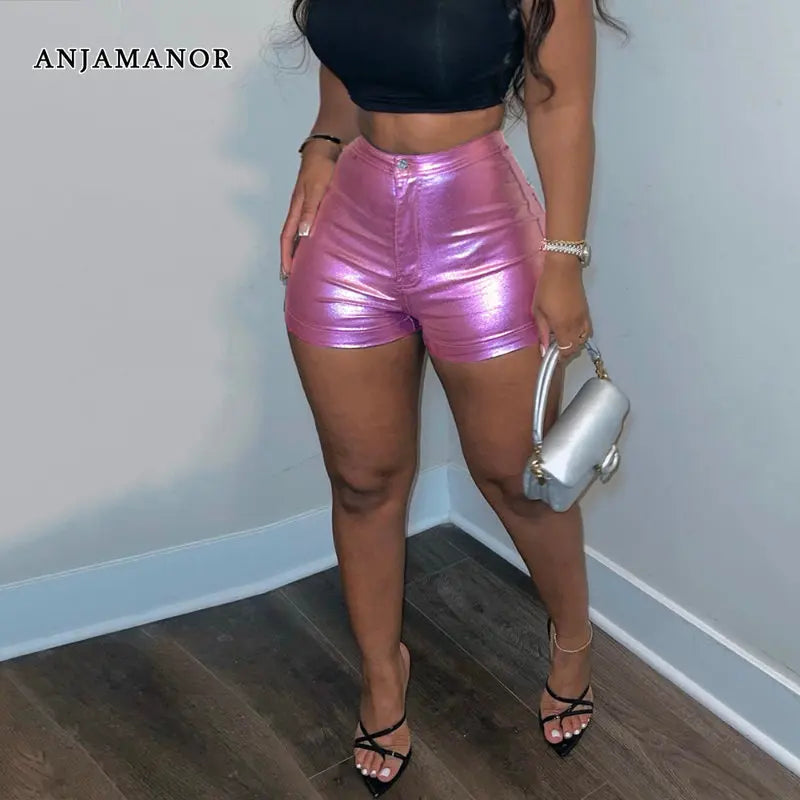 ANJAMANOR Sexy Hot Pink Metallic PU Leather Shorts Streetwear Fashion Clothes High Waist Shorts for Women Free Shipping D82-CD13