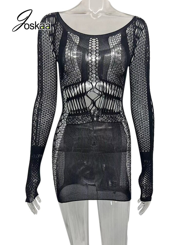 Joskaa Hollow Out Summer Dresses Casual Women 2022 Fashion Beach Strench See Through Sexy Design Underwear Clubwear Dress