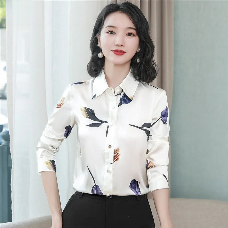 Silk Printed Long Sve  Ne Women's irt Spring 2026 Slim Fit Faion Design Korean Sle Commute Wind Floral Pattern